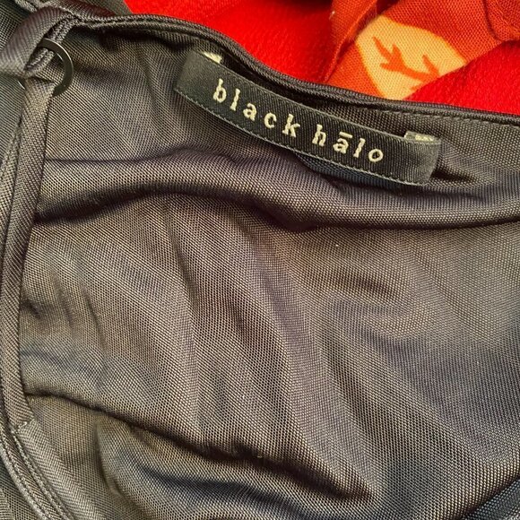 Black Halo Twist Strap Cross Bodice Fitted Mini Little Black Dress - Picture 4 of 10